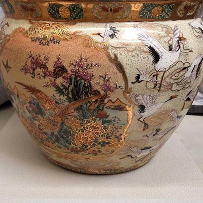 Large Japanese Satsuma Porcelain Fish Bowl Planter with Cranes and Floral Scenes
