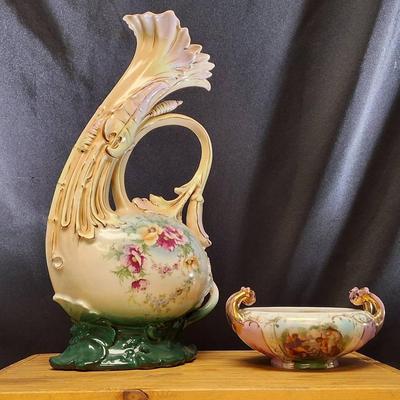 Pair of Antique Austrian Porcelain Pieces – Decorative Ewer & Hand-Painted Bowl