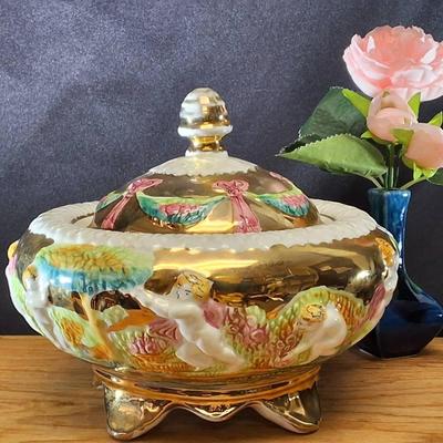 Capodimonte Italian Porcelain Covered Dish with Cherubs and Gilt Accents