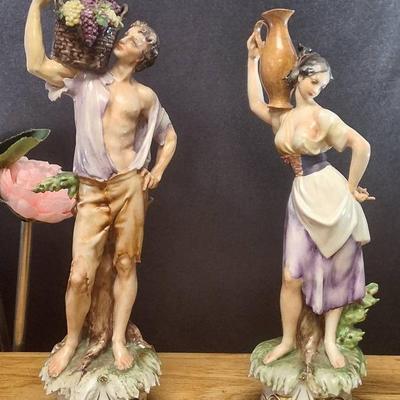 Antique Pair Of Capodimonte Statues– Man with Grapes & Woman with Jug