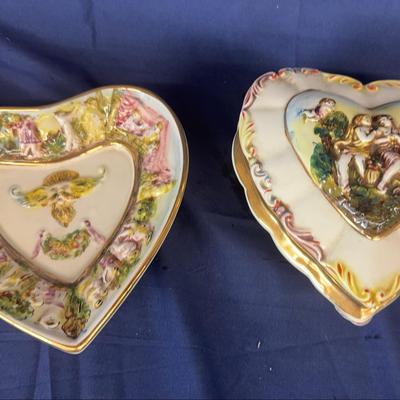 Pair of Vintage Capodimonte Heart-Shaped Porcelain Pieces 
