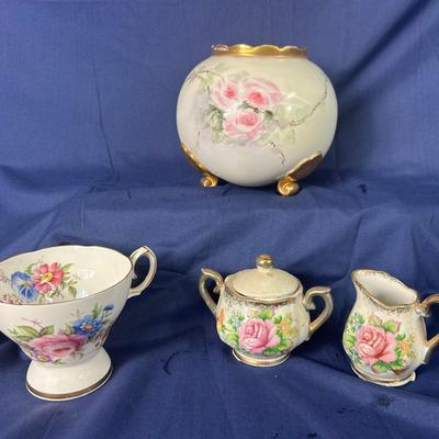 Vintage Porcelain Floral Collection – Teacup Music Box, Creamer, Sugar Bowl, & Hand-Painted Vase
