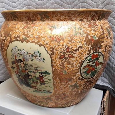 Large Japanese Satsuma-Style Porcelain Fish Bowl Planter