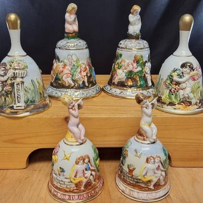 Set of 6 Italian Capodimonte Porcelain Cherub Bells
