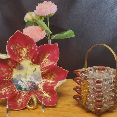 Hand-Painted Porcelain Floral Dish & Ruby Red Glass Ashtray Set with Brass Holder
