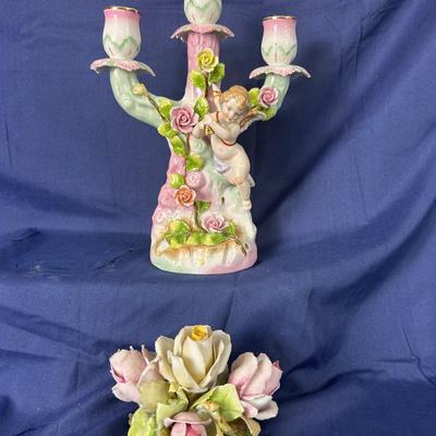 Cherub Porcelain 3-Light Candelabra + Porcelain Rose Bouquet