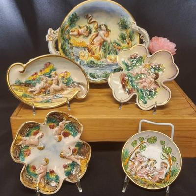 Lot of 5 Capodimonte Italian Hand-Painted Figural Trinket Dish & Plate Collection