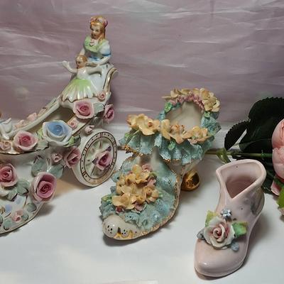 Porcelain Decorative Shoe Figurines with Floral & Cherub Accents – Lot of 3