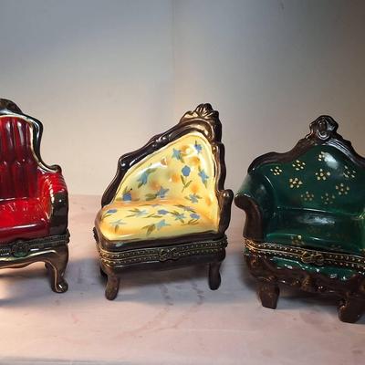 Set of 3 Porcelain Hinged Trinket Boxes – Victorian Style Miniature Chairs