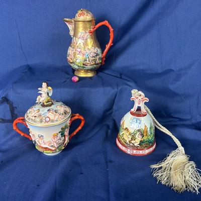 Capodimonte Hand-Painted Porcelain Lot – Bell (Musical), Lidded Sugar Bowl, and Coffee Pot