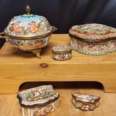 Set of 6 Antique Style Hand-Painted Porcelain Trinket Boxes with Cherub Motifs