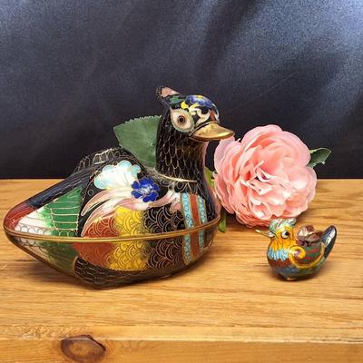 Set of 2 Vintage Cloisonné Enamel Bird Figurines – Lidded and Mini
