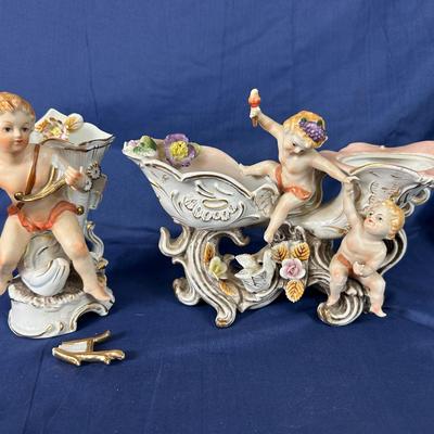 Pair of Antique Cherub Porcelain Figurine Vases