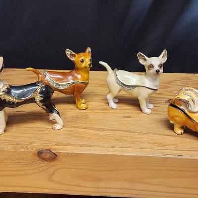 Set of 4 Enameled Hinged Trinket Boxes – Dog Figurines with Rhinestone Accents