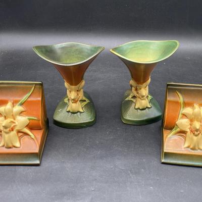  Roseville Pottery "Zephyr Lily" (2) Vases & (2) Book Ends