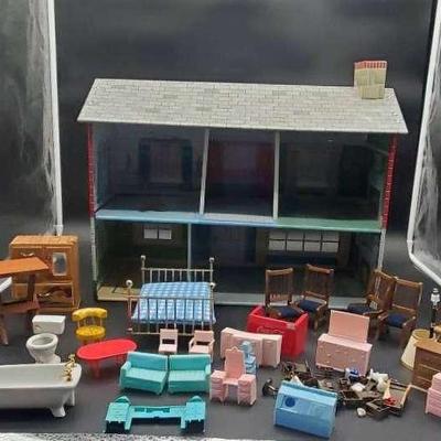Vintage Metal Doll House W/ Furniture & Accessories 