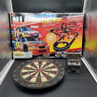 Nascar Race Track Set, Dart Board And Mini Slot Machine 