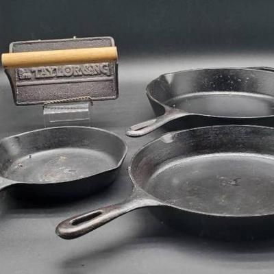 (3) Cast Iron Frying Pans And (1) Bacon Press
