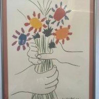 Vintage Lithograph "Bouquet Of Peace" By Pablo Picasso Plate Signed.