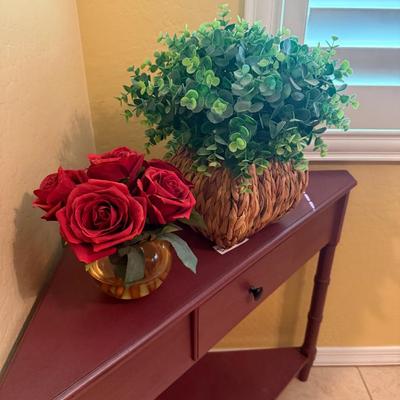 Lot of 2 Artificial Floral Arrangements – Red Roses & Greenery in Basket Planter