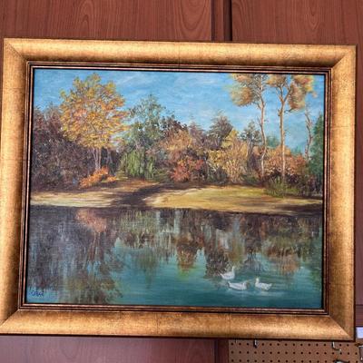 Framed Original Oil Painting – Autumn Landscape with Ducks on Pond