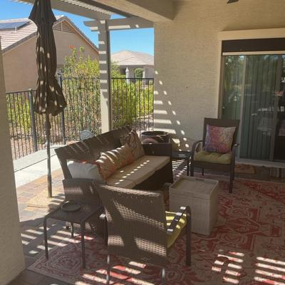 Wicker Patio Seating Set with Cushions, Pillows & Umbrella