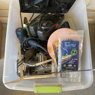 Lot of Power Tools & Accessories in Storage Bin