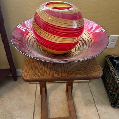 Decorative Red & Gold Art Glass Vase and Bowl Set