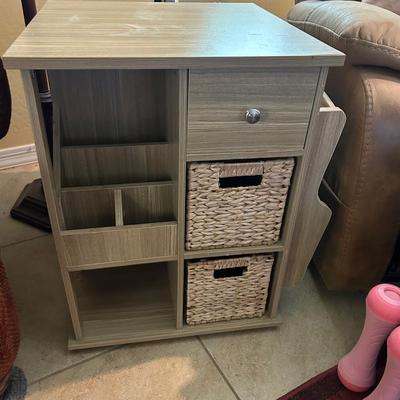 Multi-Compartment Storage Side Table with Woven Baskets