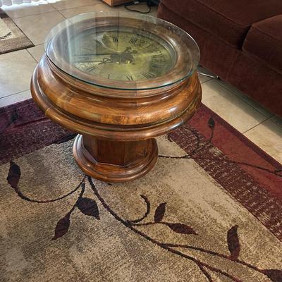 Vintage Wooden Pedestal Clock Table with Glass Top