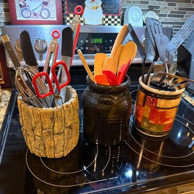 Assorted Kitchen Utensils with Decorative Holders (Lot of 3 Sets)