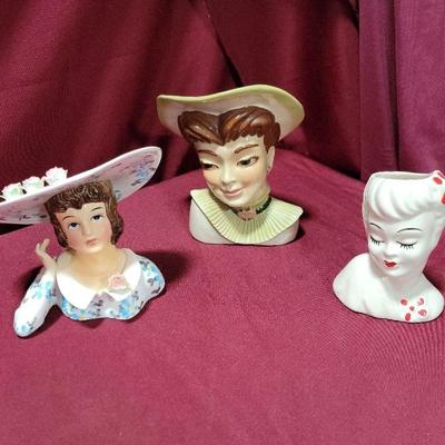 3 Lady Head Vases 