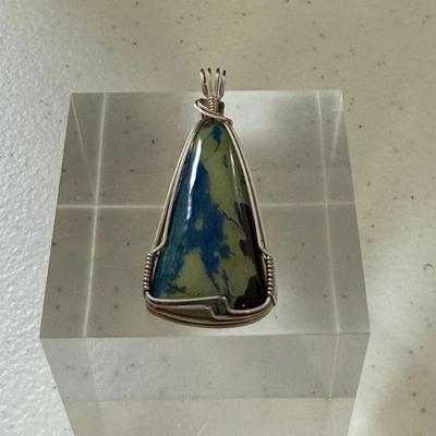 Large Polished Azurite & Fuschite Pendant Wrapped W/sterling Silver Wire
Lot #: 50