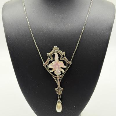 Art Nouveau-Style 925 Silver Enameled Flower Pendant W/Pearl & 925 Silver 15" Chain
Lot #: 1