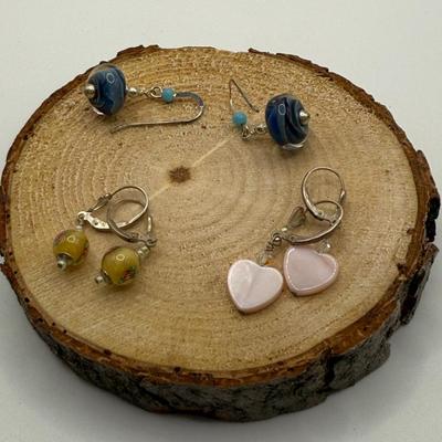 (3) Pair 925 Silver Earrings- Hand Blown Glass On Wire, Pink Stone Hearts & Yellow Glass Flower Beads
Lot #: 55