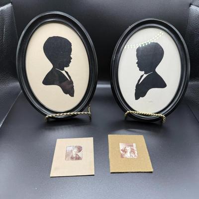 Pair Vintage Oval Boy Silhouettes In Glass Front Frames & (2) Antique Photographs
Lot #: 131