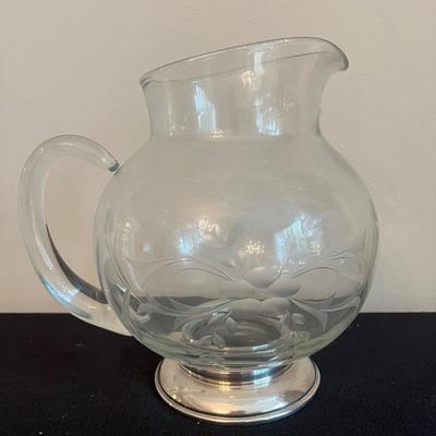 Etched Glass Pitcher W/ Sterling Silver Base 