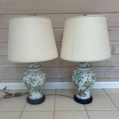 Asian White Ginger Jar Table Lamp With Multicolor Flowers Pair