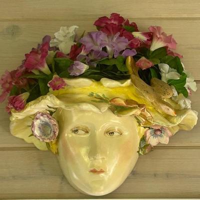 Vintage Lady Head Ceramic Wall Vase With Faux Floral Arrangement