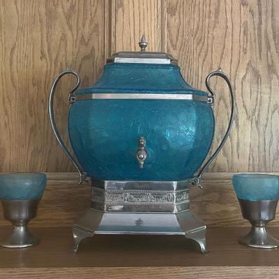 Blue Glass Samovar And Two Small Goblets
