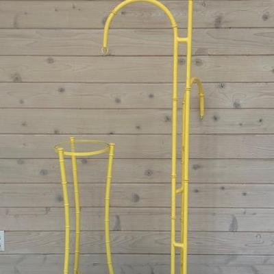 Yellow Plant Stand And Yellow Hanging Plant Holder With Two Embroidered Pillows