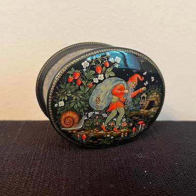 “Dwarf With Hidden Treasures” Traditional Russian Hand Painted Folk Art Signed Box, By Primakova S. 