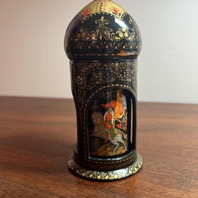 “Unusual Tower”, Traditional Russian Hand Painted Folk Art Signed Lacquer Box, By Palekh 