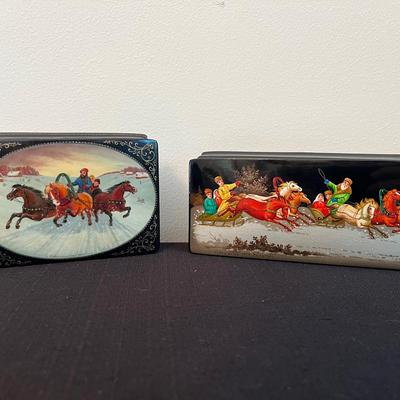Traditional Russian Hand Painted Folk Art Signed Original Lacquer Boxes (2)