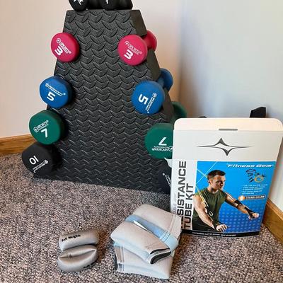 Dumbbell Set w/ Compact Rack, Resistance Bands, Wrist & Ankle Weights & More