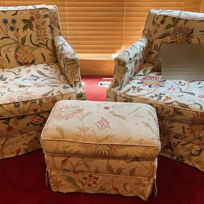 Pair of Upholstered Swivel Chairs and Ottoman