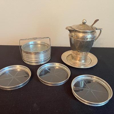 Sterling Silver Plaster Weighted Cream Pitcher W/ Platter & Sterling Silver & Glass Coaster Set 
