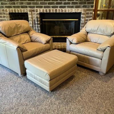 Post Modern “Leathercraft” Slate Grey Chairs W/ Ottoman 