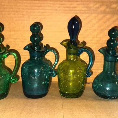 Vintage Aqua And Green Crackle Handmade Glass Cruets