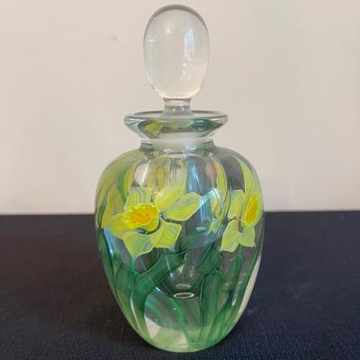 Vintage Lundberg Studio Art Glass Daffodils Signed- Perfume Bottle w/ Dauber